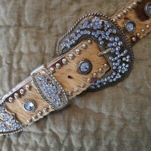 Vintage LeatherRock Cowhide and Blue Crystal Belt